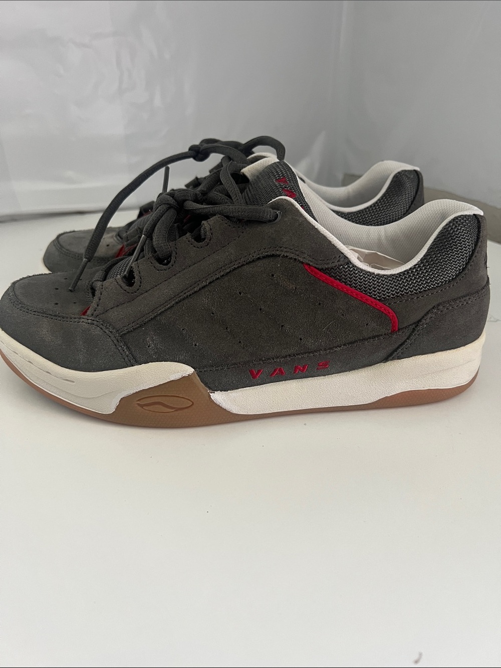 Vans Men’s Dark Gray Suede Sneakers with Red Accent